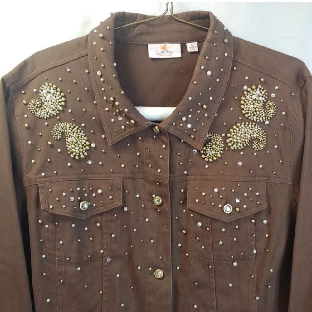 Quacker Factory Embellished Shacket Shirt Jacket Sz XL Faux Pearl Beaded Brown